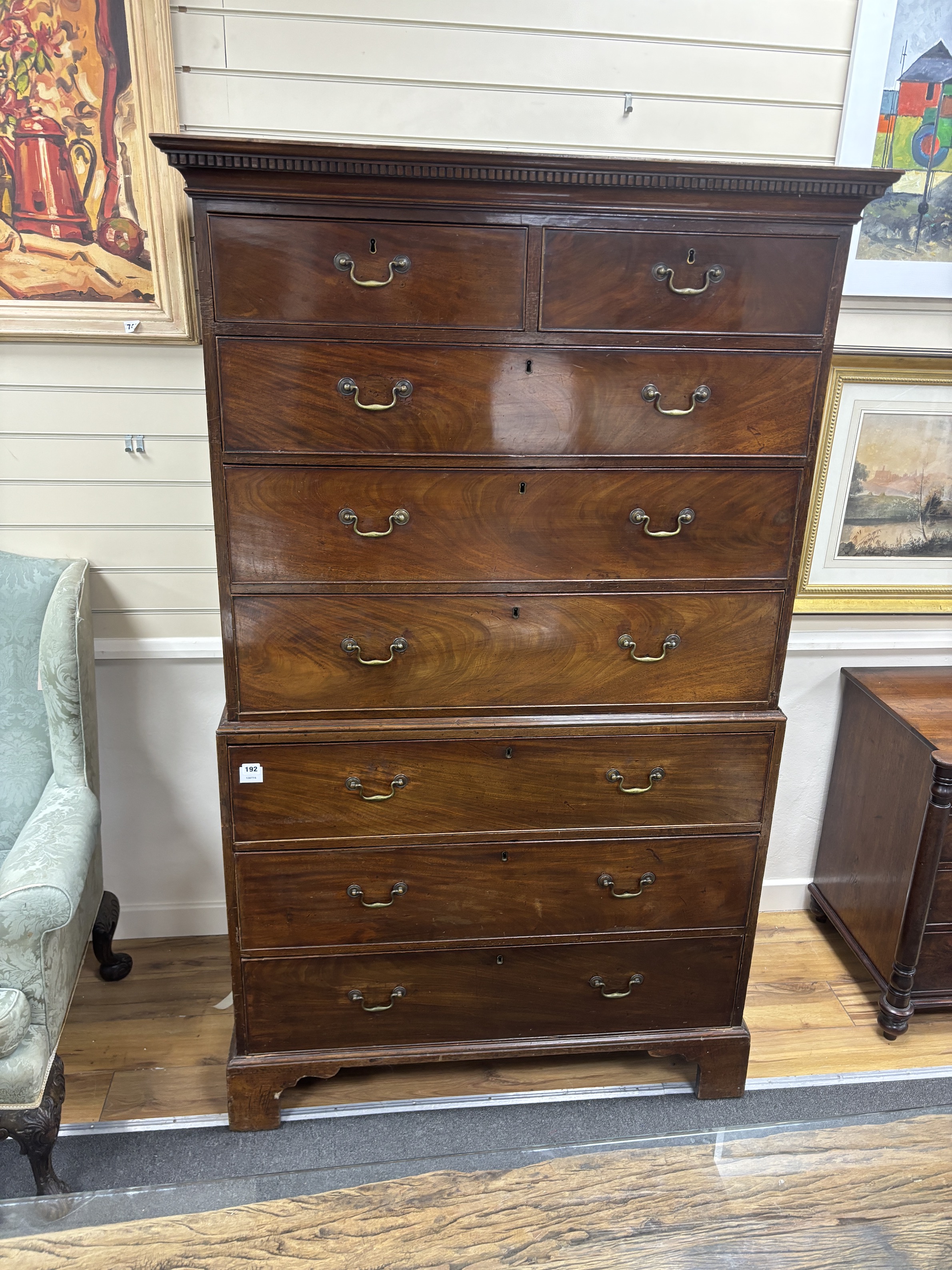 A George III mahogany chest on chest, width 113cm, depth 59cm, height 187cm